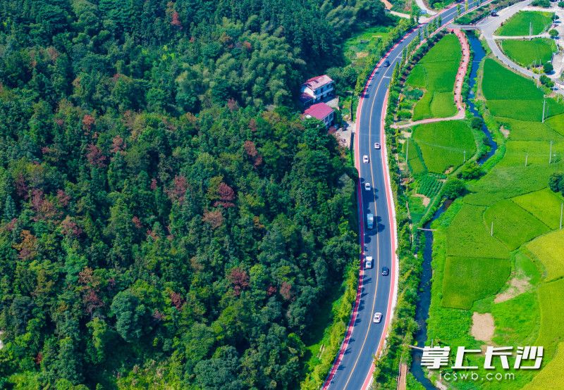 荷文公路在田野与山林之间穿过，这条道路是浏阳市东南旅游精品自驾路线的一部分。